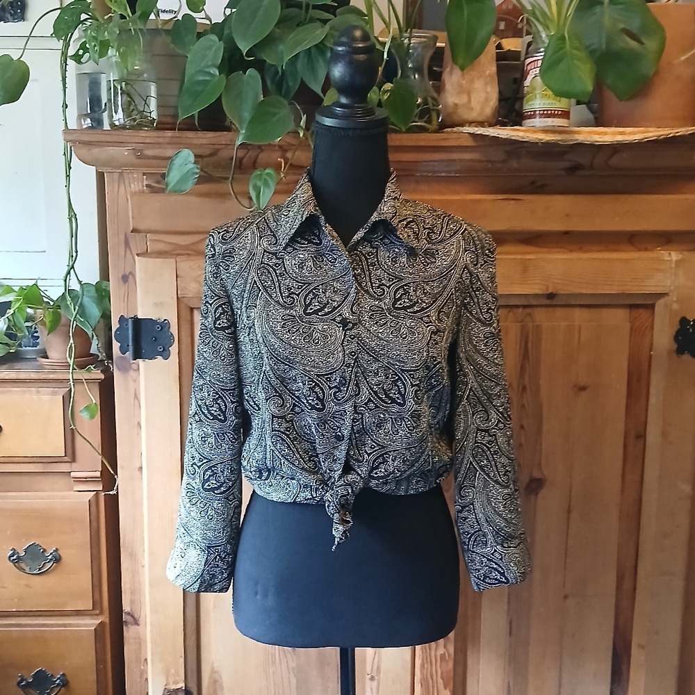 90s Vintage Paisley Button Up Blouse Boho Mod Grunge Chic Retro Size Petite M